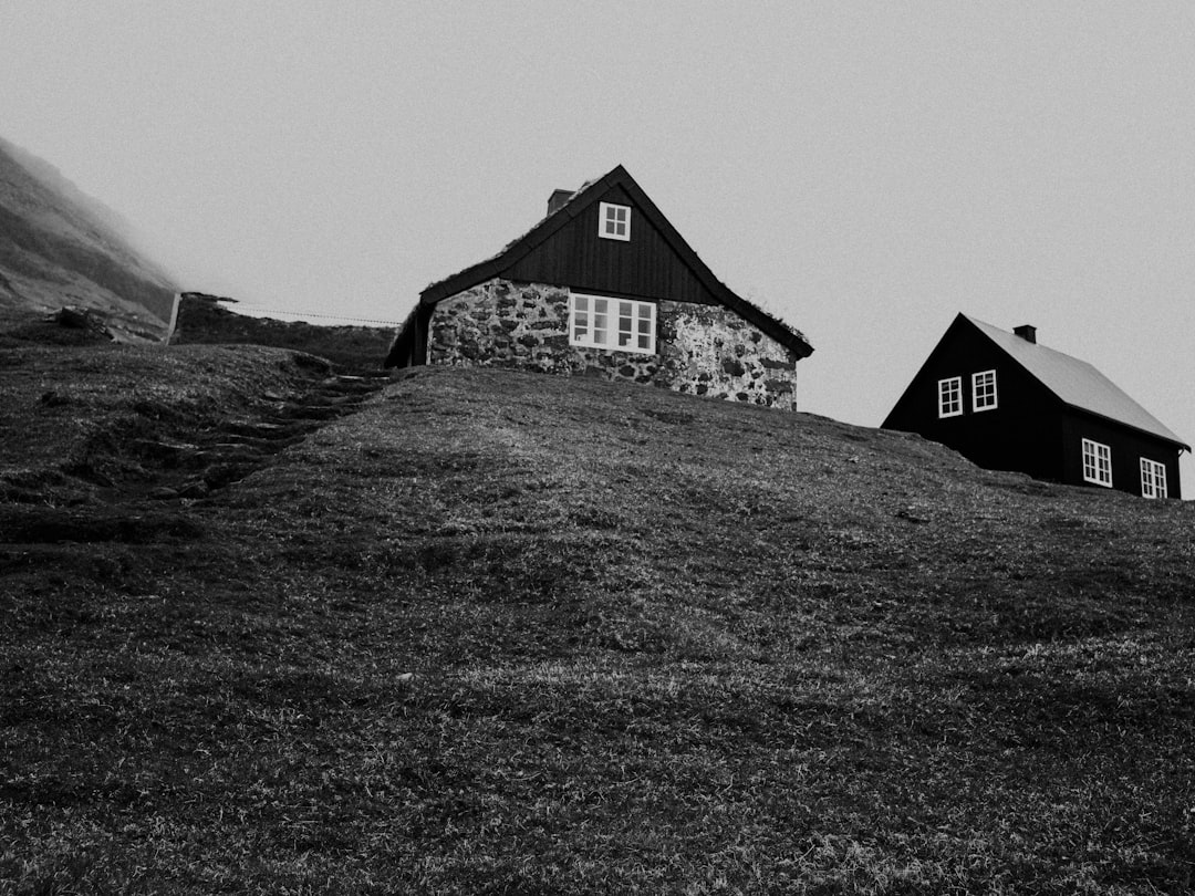 grayscale photo of house near trees