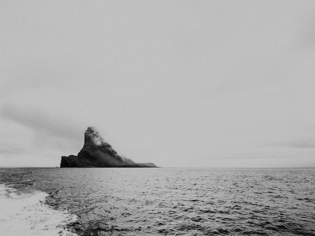 grayscale photo of rock formation on sea