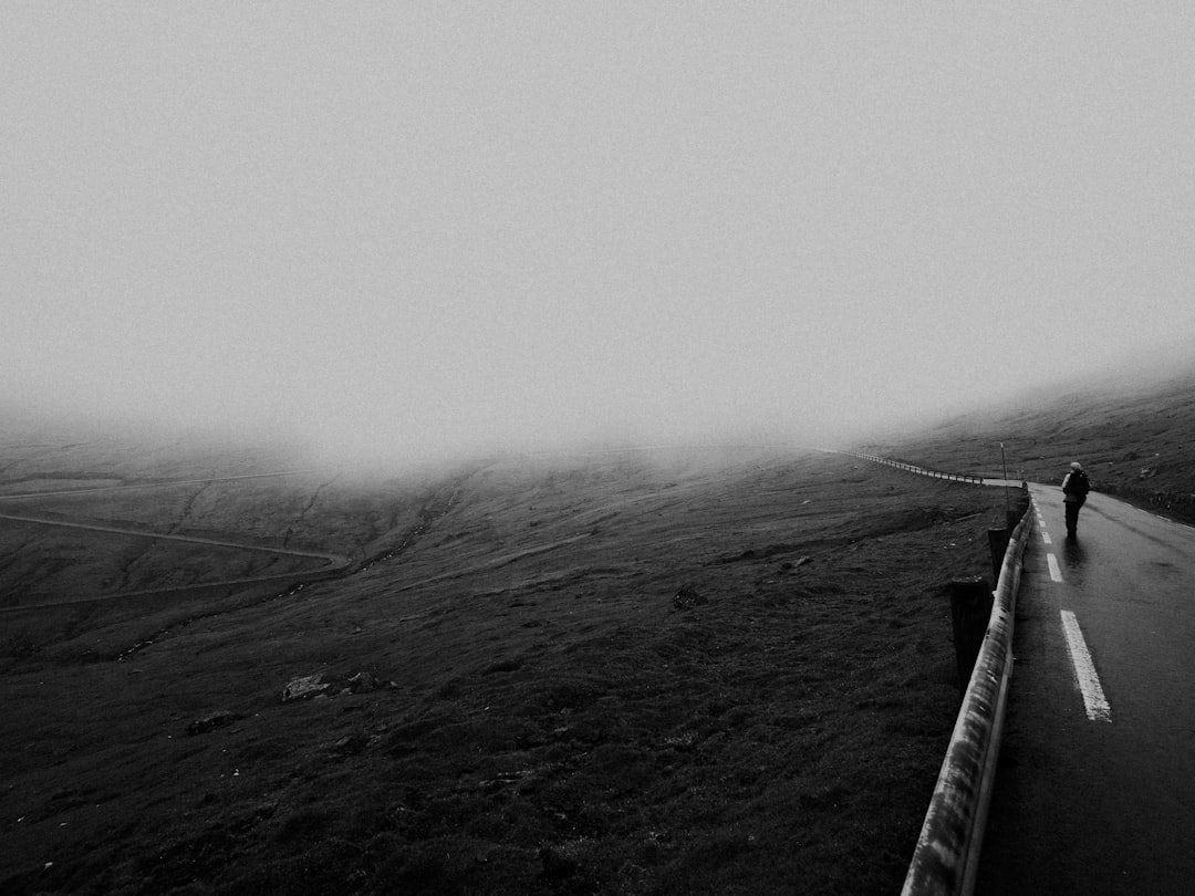 grayscale photo of a foggy mountain