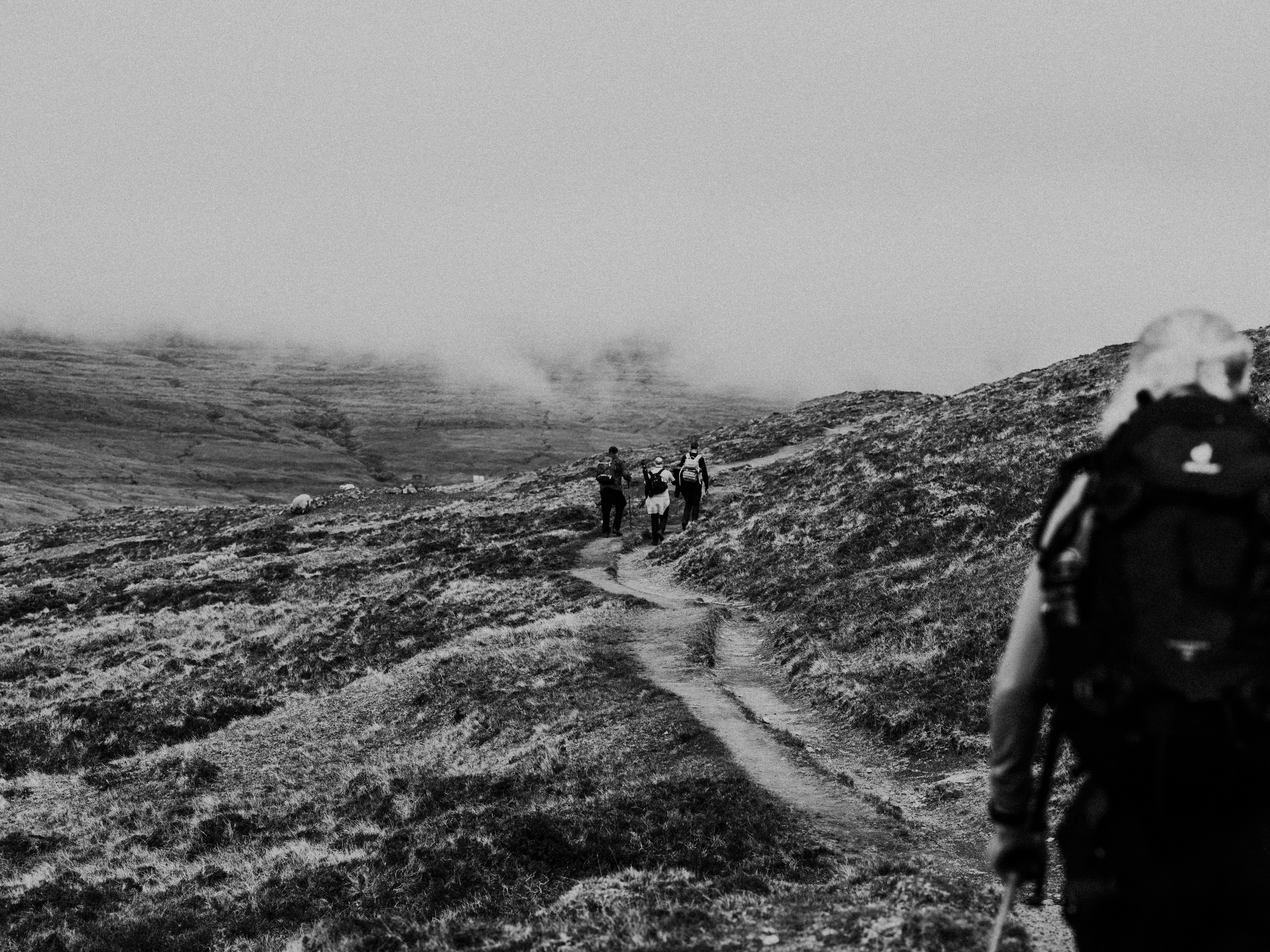 grayscale photo of 2 people walking on dirt road, 