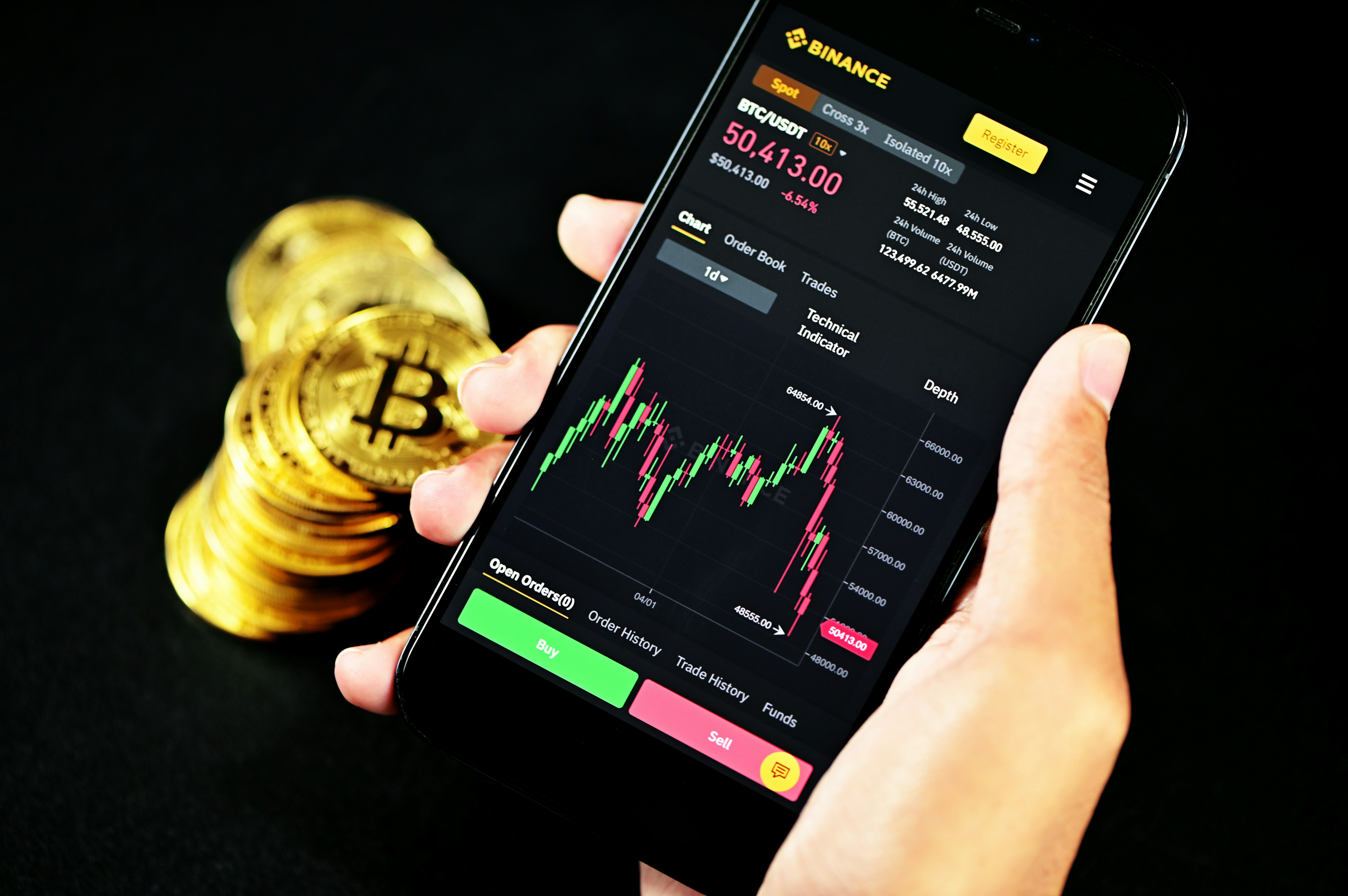 A BTC/USDT price chart displayed on Binance's mobile application.