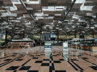 A spacious and modern airport terminal with a high, geometric-patterned ceiling and a shiny tiled floor. In the center, there are flight information displays, surrounded by automated check-in kiosks and counters. The background features a green wall with plants, adding to the refreshing atmosphere. The area is well-lit and appears organized.