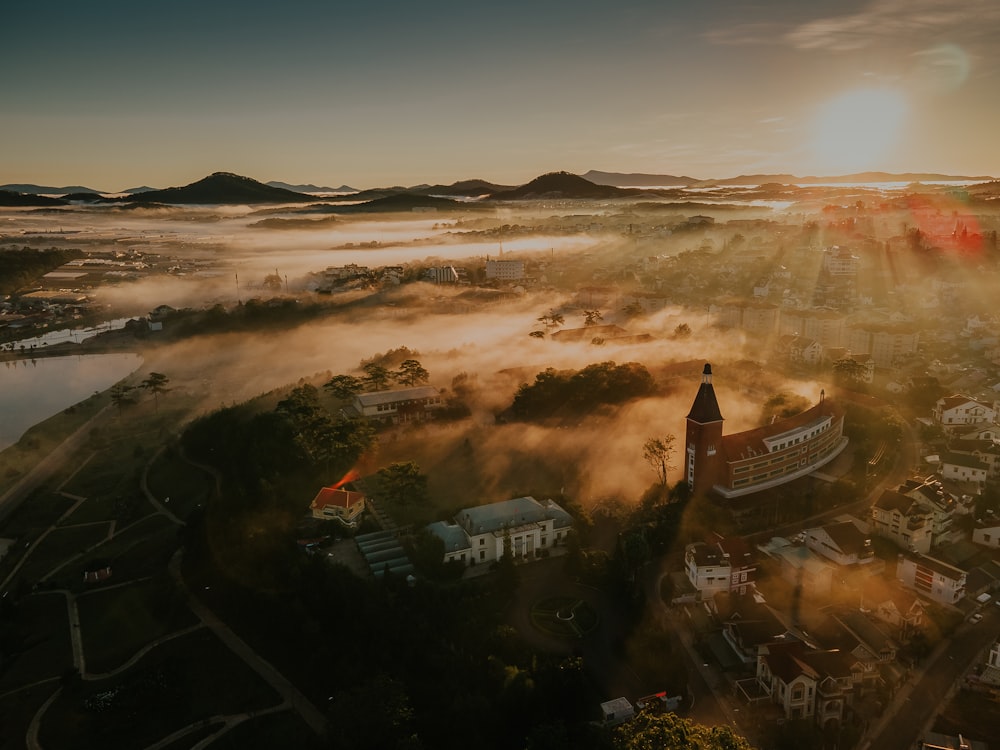 aerial view of city during sunset