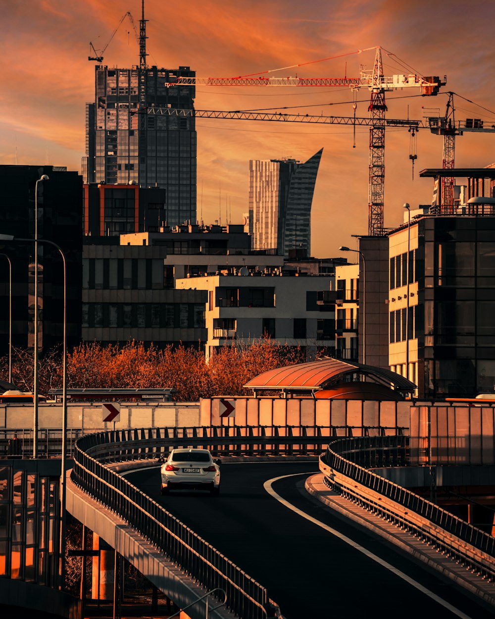 cars on road near buildings during sunset