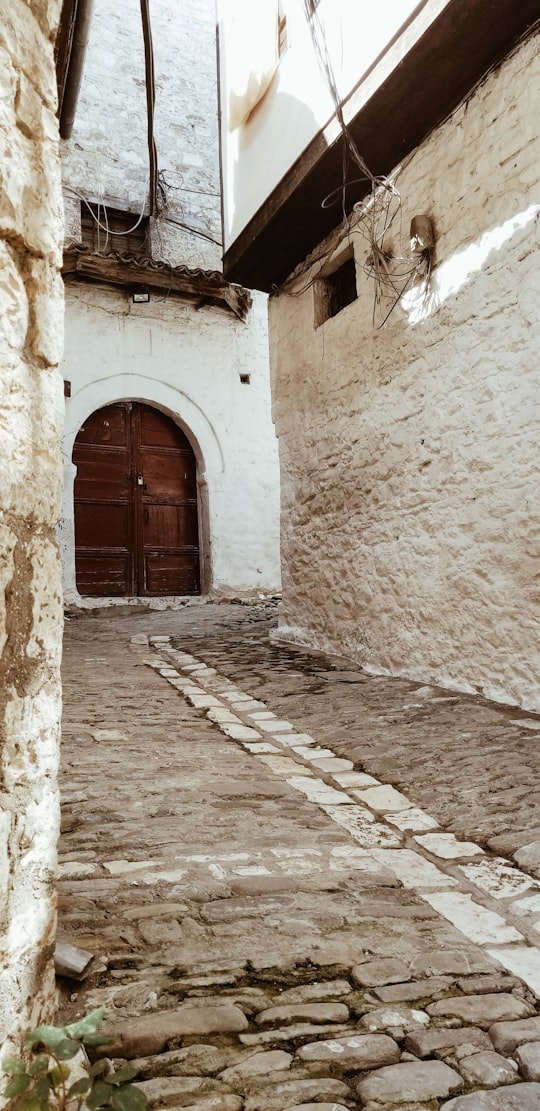 brown wooden door on gray concrete wall in Berat Albania