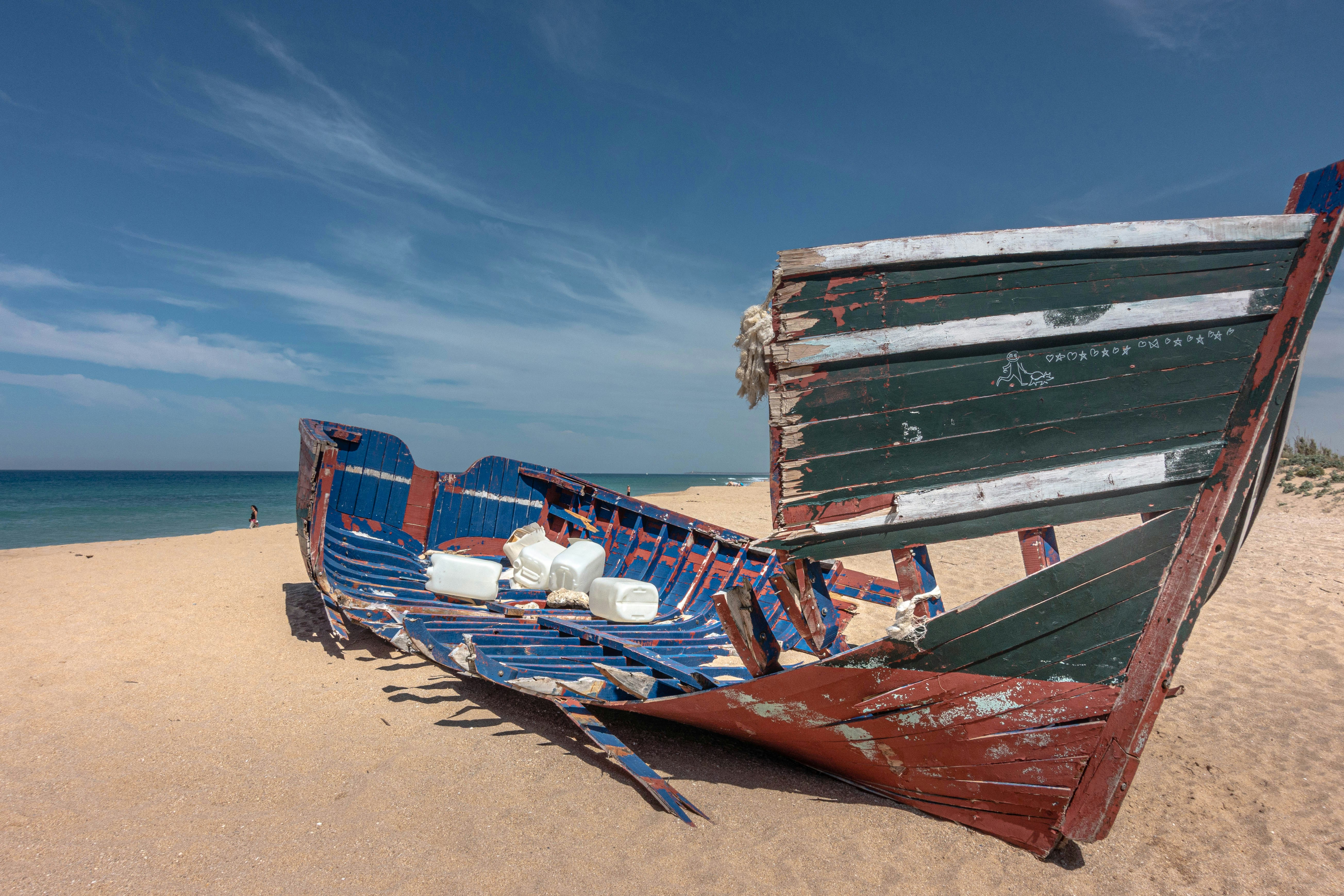 A boat that had transported immigrants across the Mediterranean now long abandoned