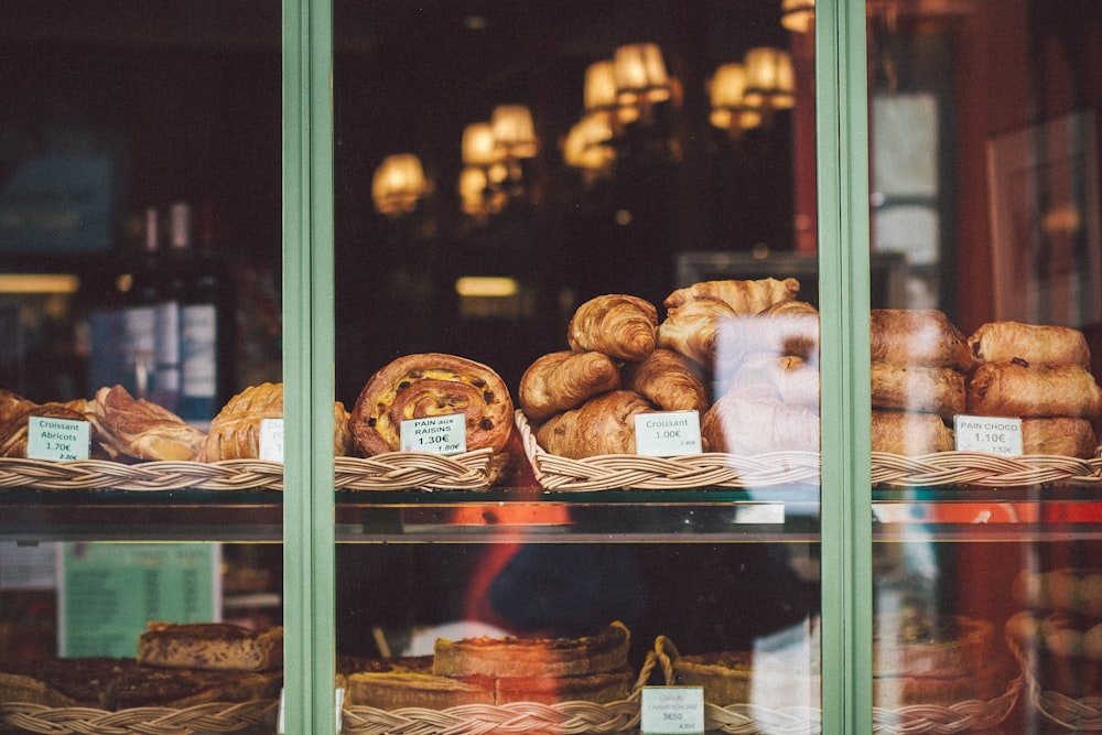 brown bread on clear glass display counter