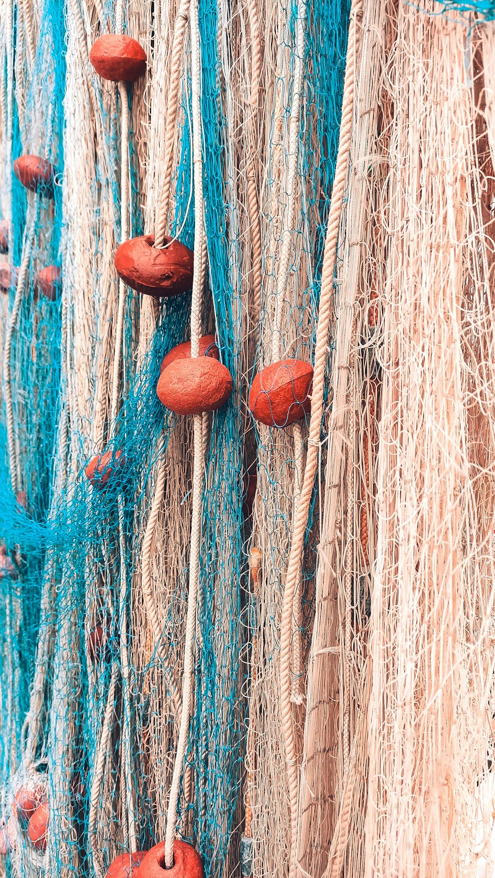 茶色の木の棒に茶色と青のロープ