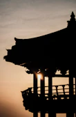 Architectural detail of a monster house’s distinctive roofline against a sunset sky.