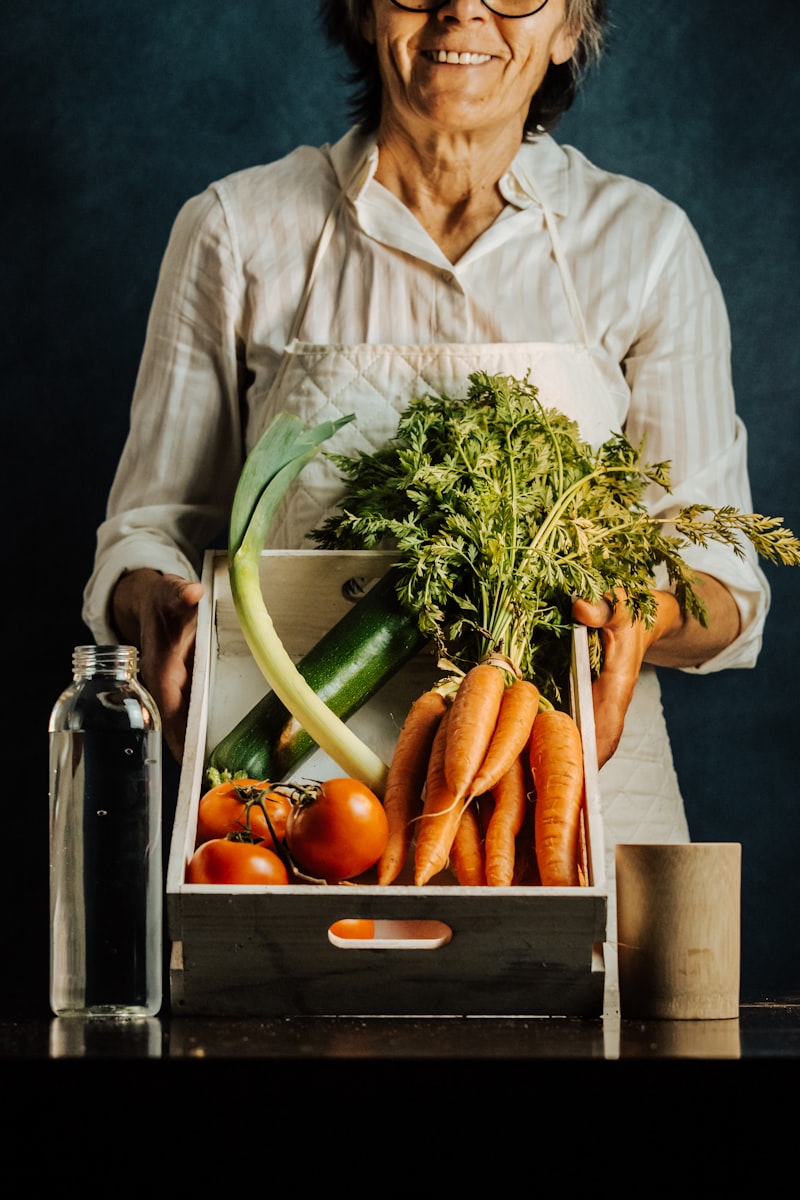 Fresh colorful vegetables and fruits arranged as nutrient-dense antioxidant-rich foods for senior health