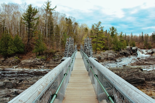 A wooden footbridge stretches across a rocky river landscape, surrounded by dense forests with tall pine and deciduous trees. The river cascades gently over rocks, and the sky is overcast with hints of blue peeking through.
