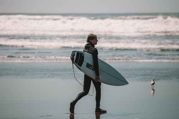 A surfer in a wetsuit walks across the sandy beach while carrying a white surfboard under one arm. The ocean waves crash in the background, and a seagull stands nearby on the wet sand, reflecting the overcast sky.