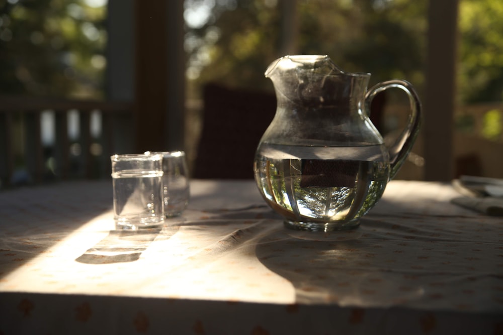 clear glass pitcher beside clear drinking glass on table