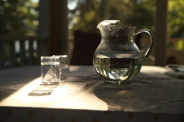 A glass pitcher of water and a drinking glass on a sunlit table