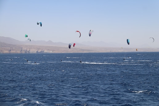 Numerous kiteboarders are gliding across a vast expanse of water, with colorful kites soaring in the sky above them. In the distance, there is a coastline with mountains and some industrial structures visible.