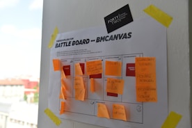 A business model canvas titled 'Battle Board' is taped to a white wall with yellow tape. The canvas is covered with orange sticky notes containing handwritten text. The wall card at the top says 'Forty Two.” Outside the window, blurred buildings are visible under a blue sky with white clouds.
