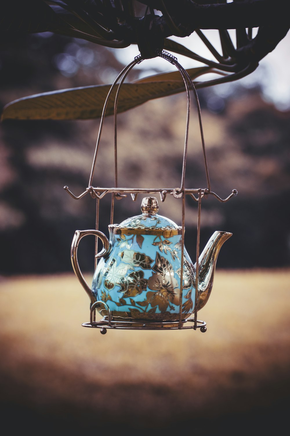 blue and white floral ceramic teapot on brown wooden table