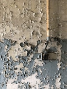 Peeling paint covers the surface of an old wall, revealing multiple layers of faded and chipped coatings. A rusted metal pipe runs vertically along the wall, connected to a vintage electrical box.