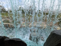 Water streams down from above, creating a curtain of droplets. In the background, there's greenery and rocks, suggesting an outdoor setting like a garden or park.