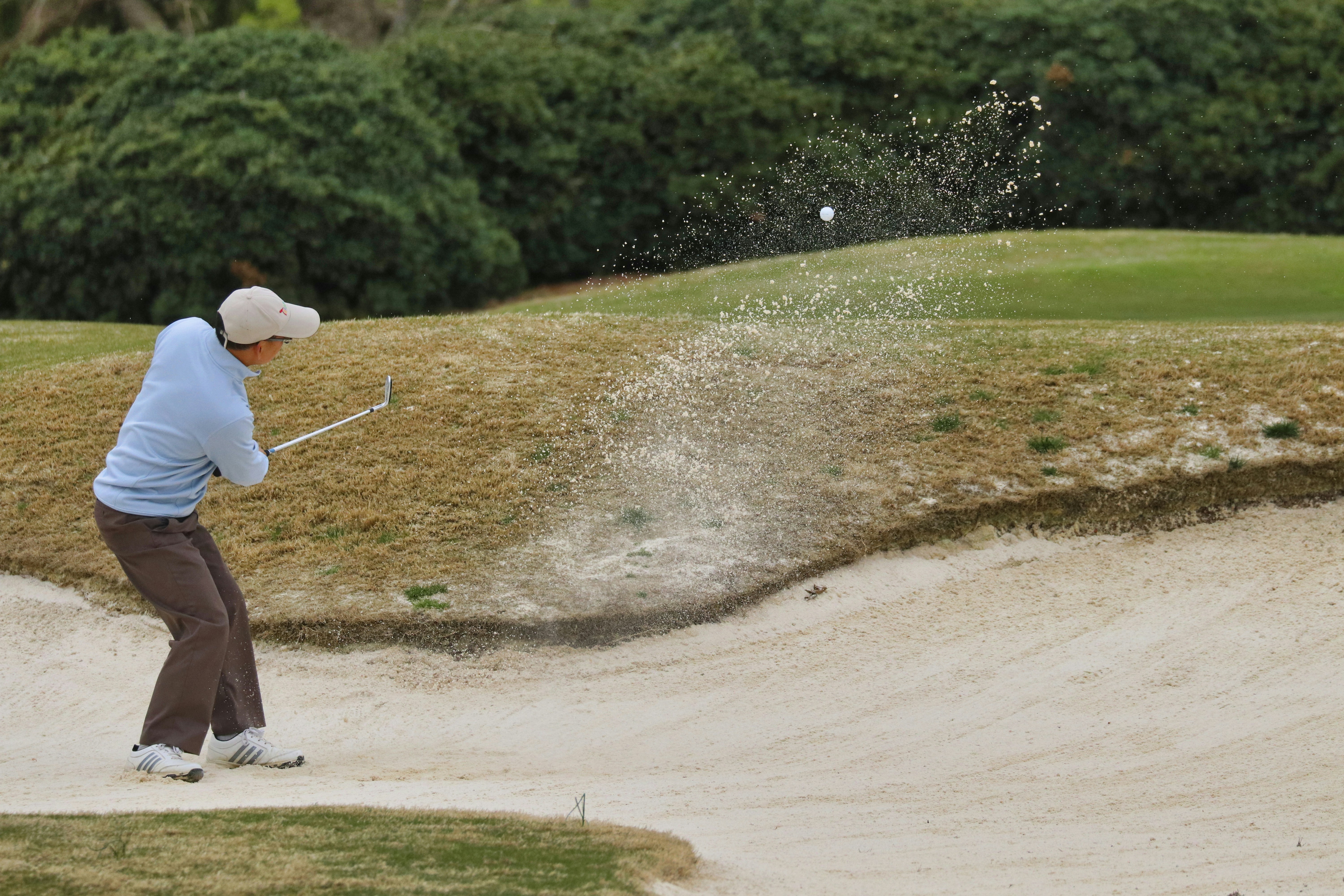 Golfer hits golf ball out of the sand trap onto the green at the Prestonwood Golf Course in Cary, North Carolina.