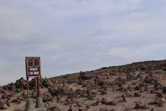A barren, rocky landscape under a cloudy sky, with numerous small stone cairns scattered across the ground. A weathered wooden sign stands at the forefront, indicating a viewpoint in the Andes.