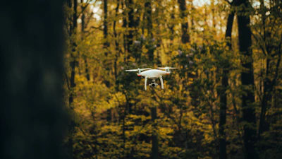An autonomous drone navigating through a dense forest at dusk.