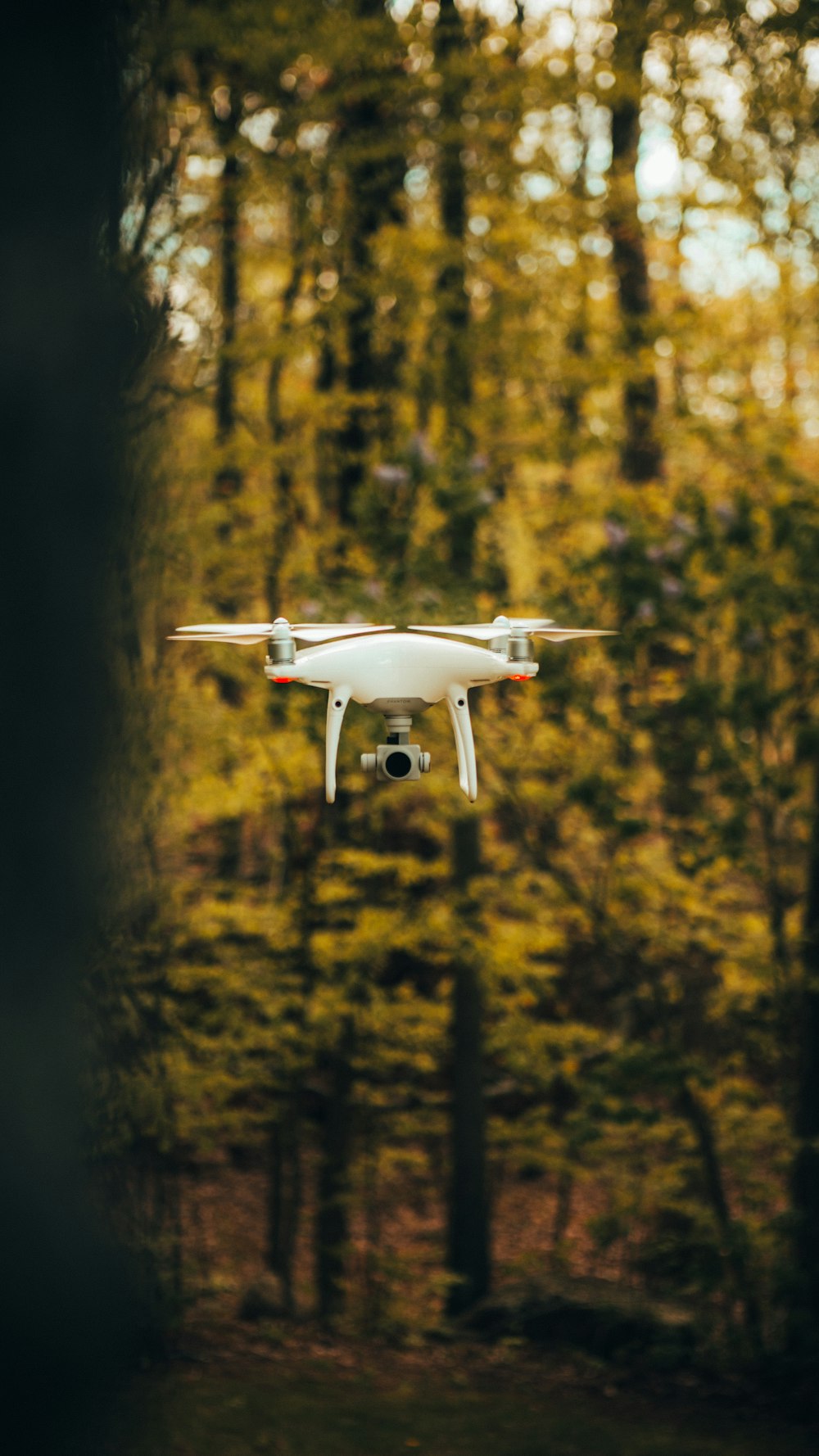 white drone flying over green trees during daytime