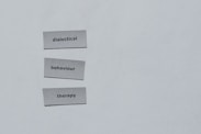 Three pieces of paper arranged vertically feature the words 'dialectical', 'behaviour', and 'therapy'. The background is a plain light gray.