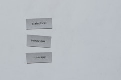 Three pieces of paper arranged vertically feature the words 'dialectical', 'behaviour', and 'therapy'. The background is a plain light gray.