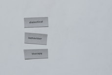 Three pieces of paper arranged vertically feature the words 'dialectical', 'behaviour', and 'therapy'. The background is a plain light gray.