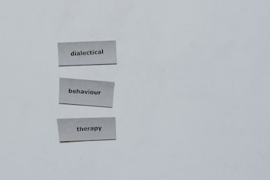 Three pieces of paper arranged vertically feature the words 'dialectical', 'behaviour', and 'therapy'. The background is a plain light gray.