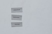 Three pieces of paper arranged vertically feature the words 'dialectical', 'behaviour', and 'therapy'. The background is a plain light gray.