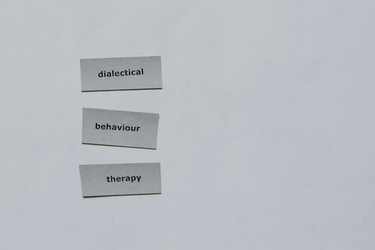 Three pieces of paper arranged vertically feature the words 'dialectical', 'behavior', and 'therapy'. The background is a plain 