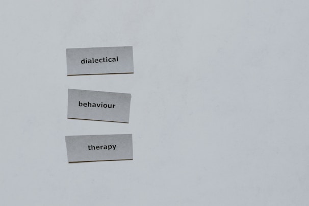Three pieces of paper arranged vertically feature the words 'dialectical', 'behaviour', and 'therapy'. The background is a plain light gray.