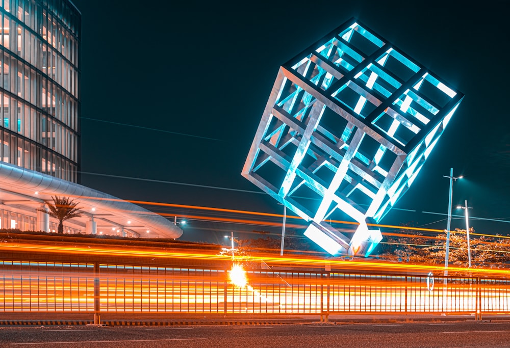 white and blue building during night time