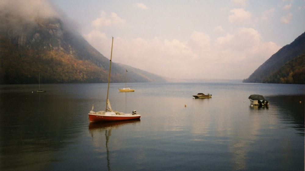 white and brown boat on water near mountain during daytime