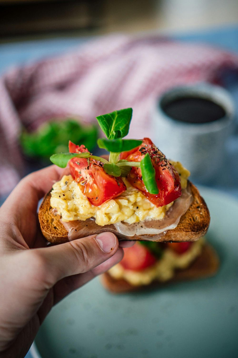 person holding burger with tomato and lettuce