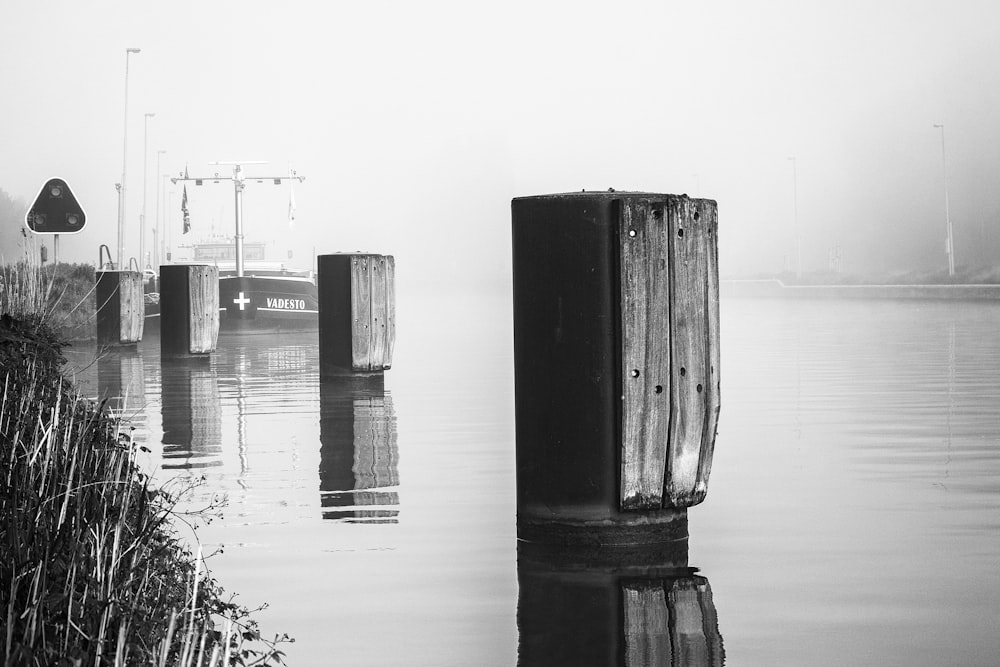 Photo en niveaux de gris d’un poteau en bois près d’un plan d’eau