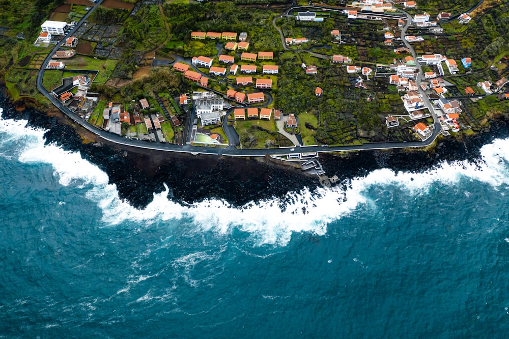 aerial view of houses near body of water during daytime