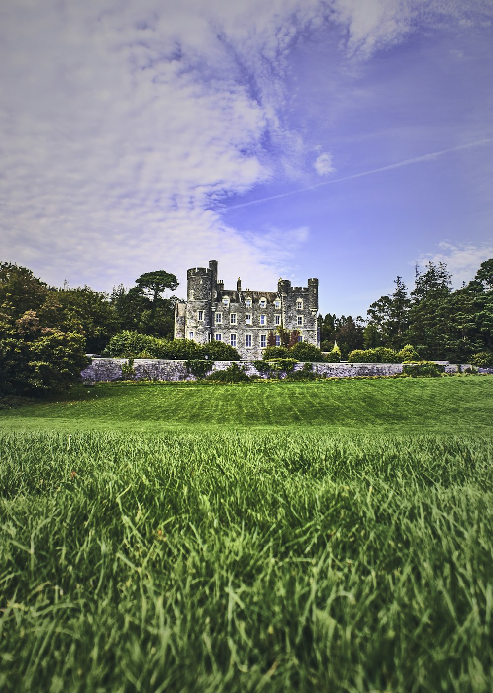 green grass field near castle under blue sky during daytime