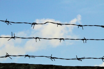 Barbed wire stretches across the image, silhouetted against a bright blue sky with scattered white clouds. The wire features sharp barbs, creating a stark contrast with the softness of the clouds.