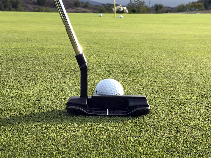 A sleek custom super long putter resting on a green golf course under soft sunlight.