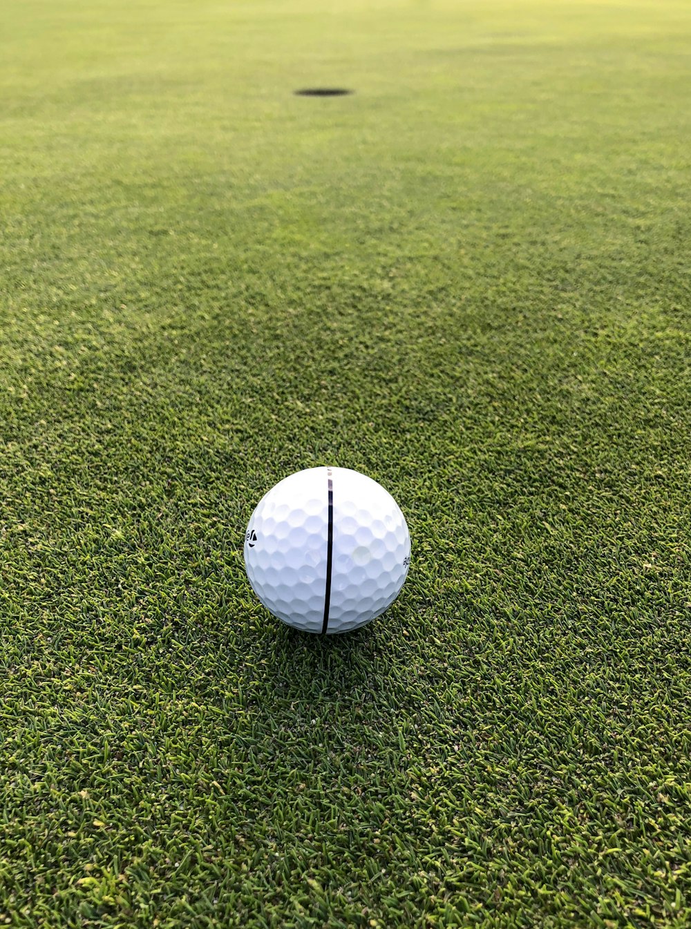 昼間は緑の芝生のフィールドに白いゴルフボール