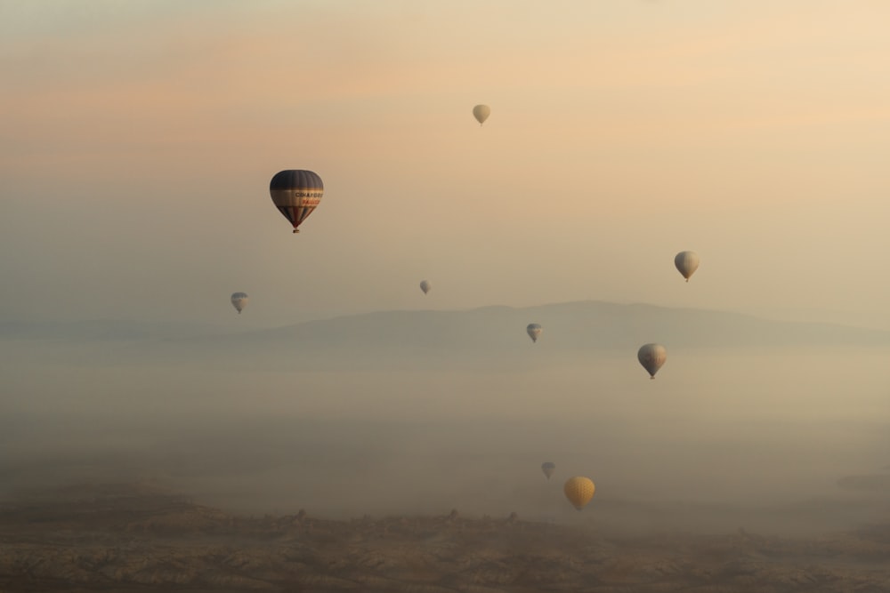 hot air balloons in the sky during sunset