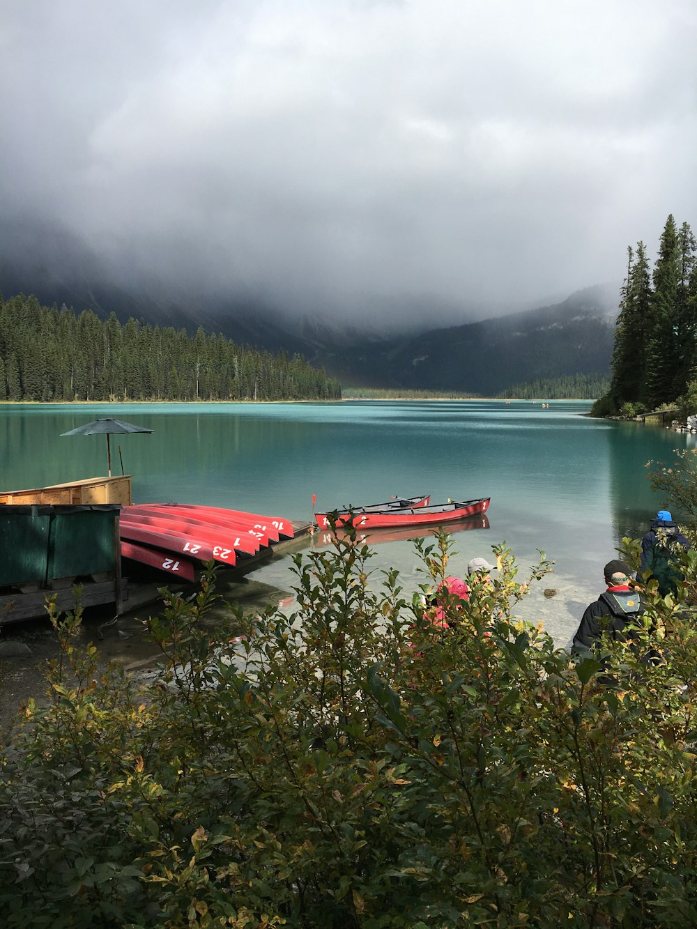 red boat on lake near green trees during daytime