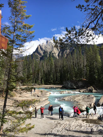 people standing on lake near trees and mountain during daytime