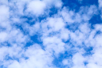 A panoramic view of a small plane soaring above fluffy clouds against a bright blue sky.