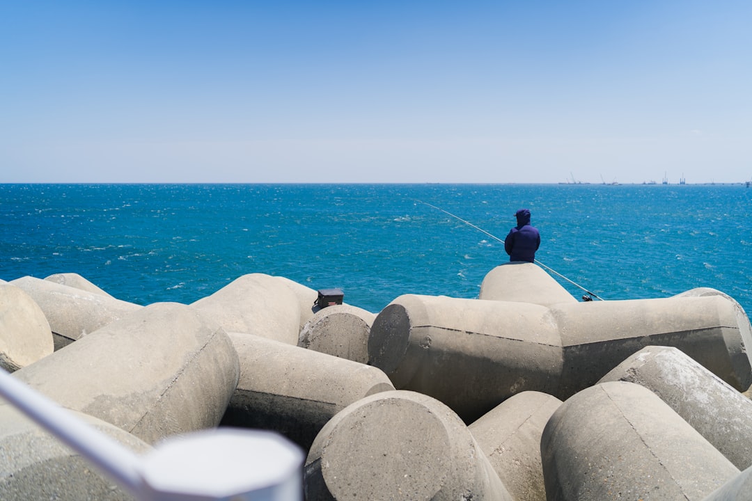 person sitting on brown concrete stone near sea during daytime