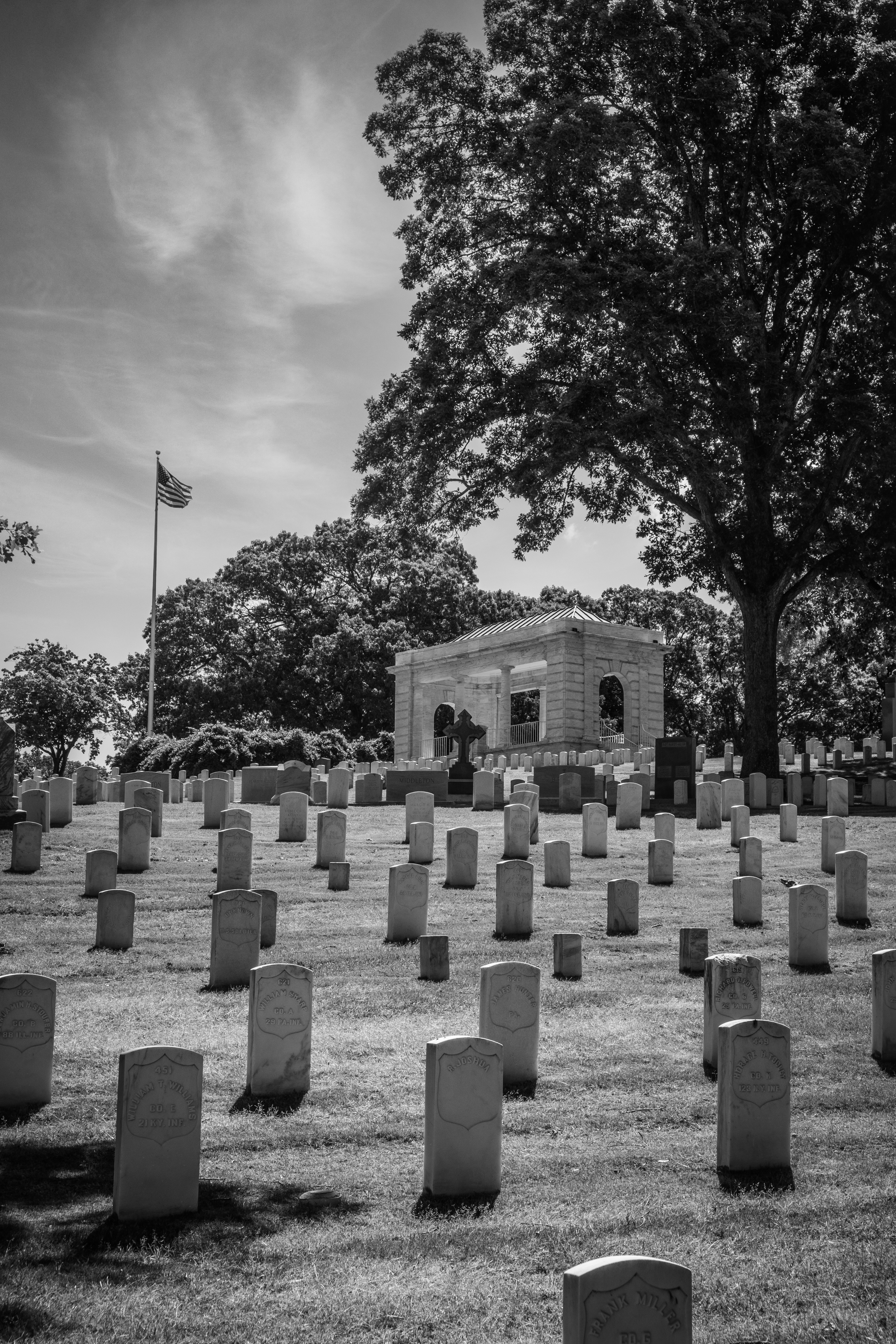A serene cemetery with rows of white headstones neatly arranged on a grassy field. A large tree provides shade, with its branches stretching over a memorial structure in the background. An American flag on a pole stands prominently, fluttering against a partly cloudy sky.