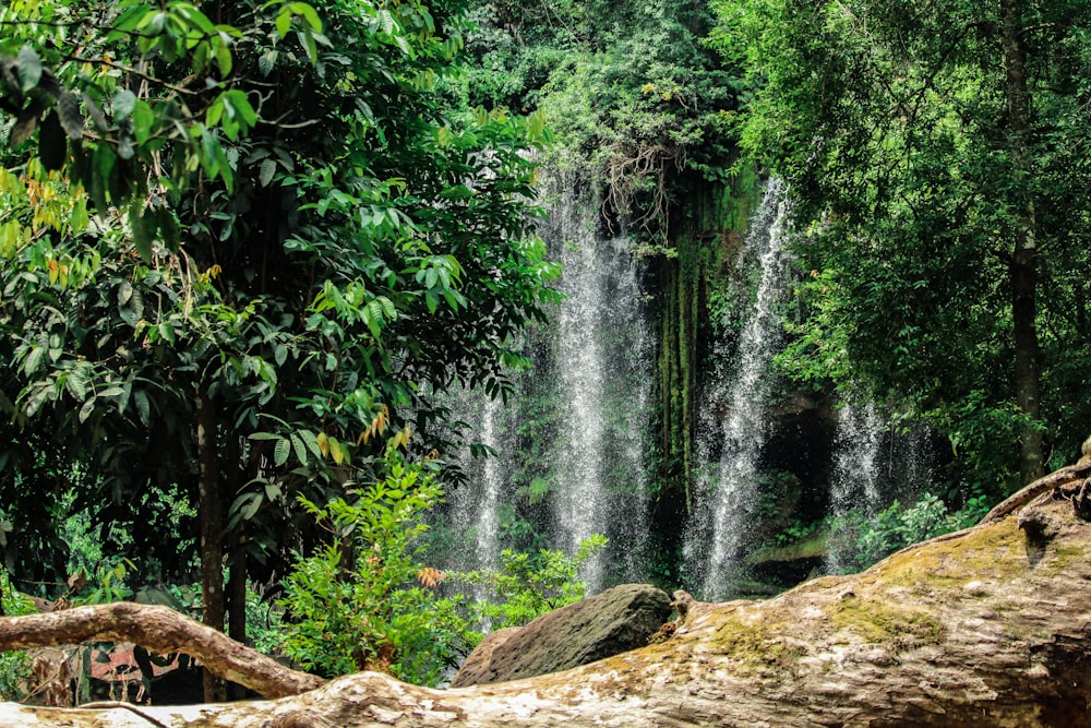 water falls on brown rock